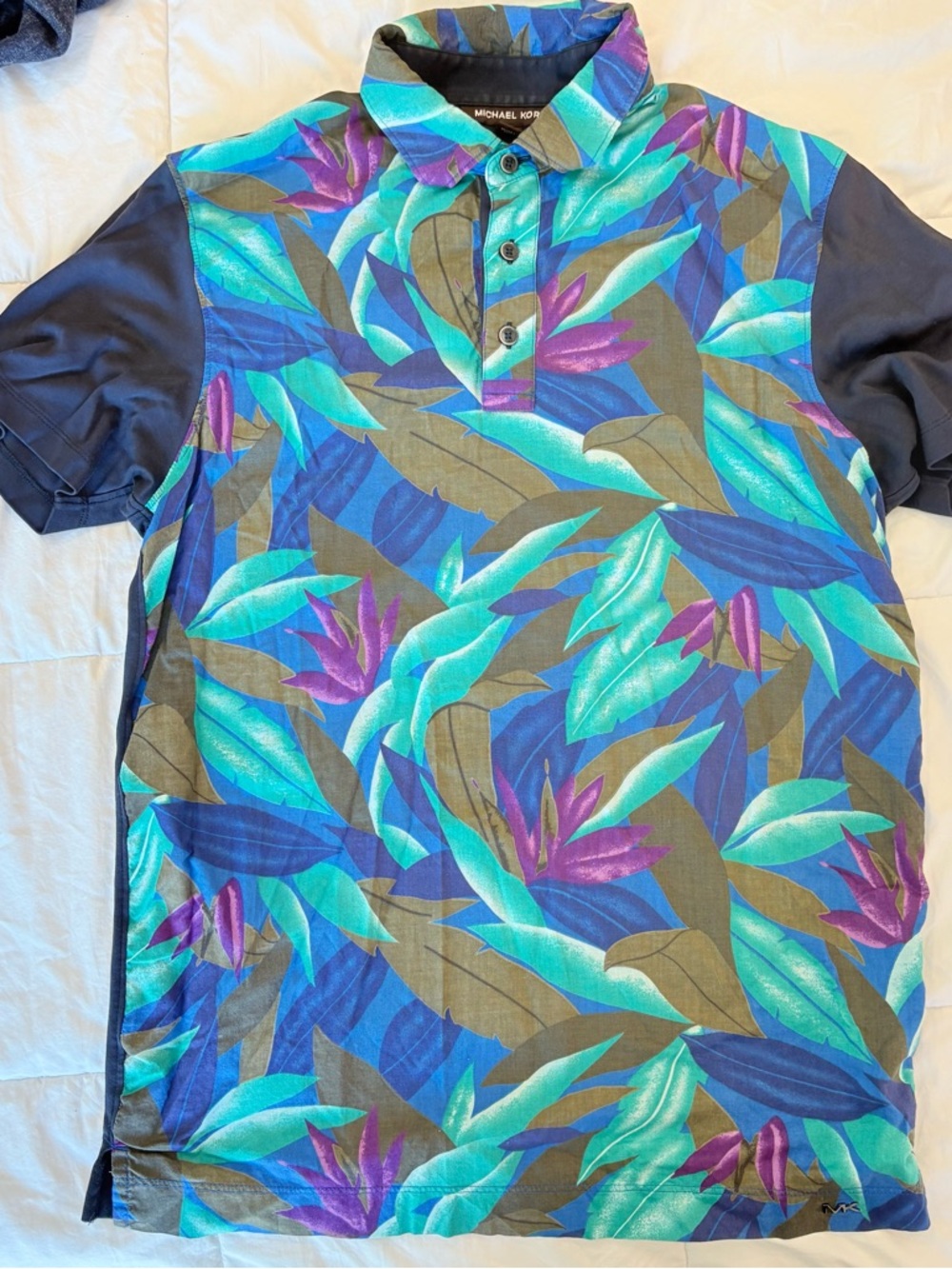 Michael Kors Teal, Purple & Navy Tropical Leaf Polo